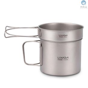 Lixada Ultralight Titanium Cookset Outdoor Camping Cookware Set 1100ml Pot and 350ml Fry Pan with Folding Handles