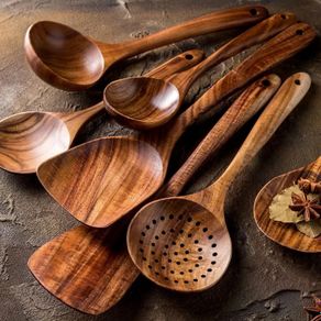 Kitchen Cooking Straight Handle Wooden Wood Soup Scoop Spoon Ladle Brown  11 Long