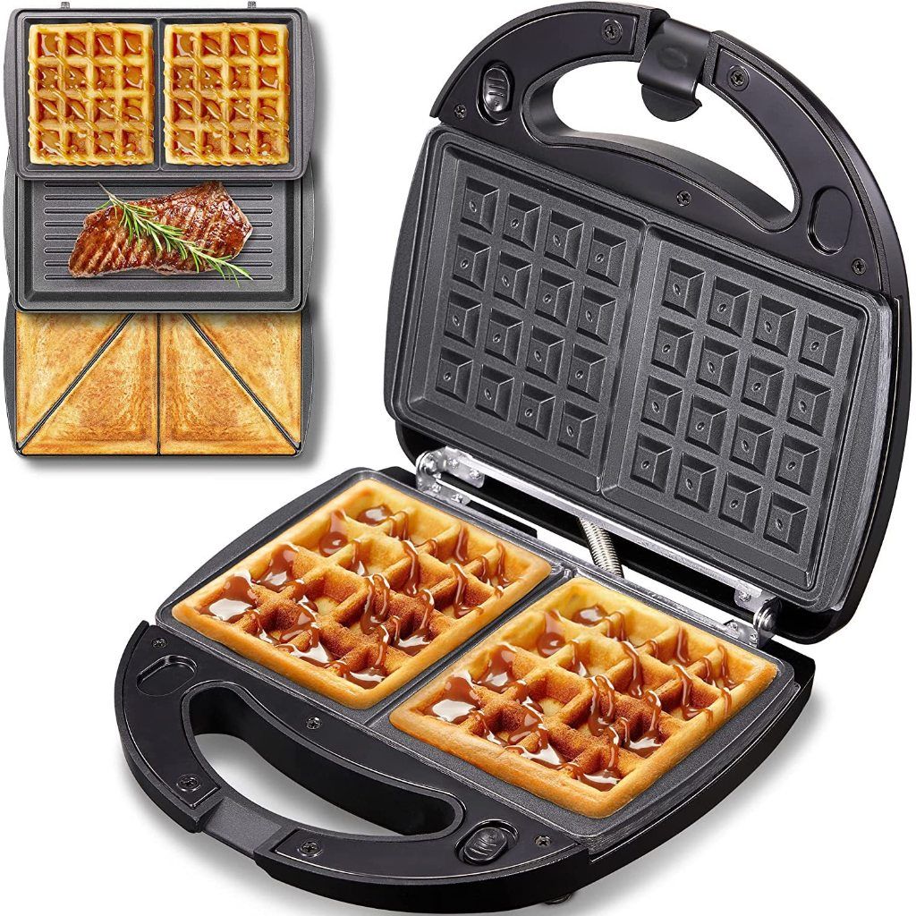 Aigostar Sandwich Maker Panini Press Grill, 3 in 1 Waffle Maker with  Removable Non-stick Plates, Electric Grilled Cheese Maker, Portable Cool  Touch