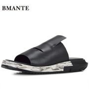 Bmante Genuine Leather Men Sandals Beach Slip-On Solid Rome Casual Slippers Outside Flip Flops Summer Men Shoes Flat Slides