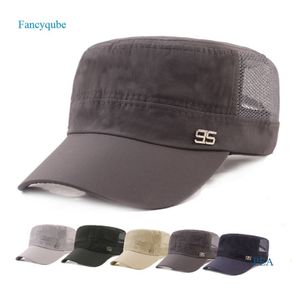 Fancyqube Classic Flat Top Mens Adjustable Fitted 95 Logo Linen Cap Spring Summer Breathable Mesh Hats