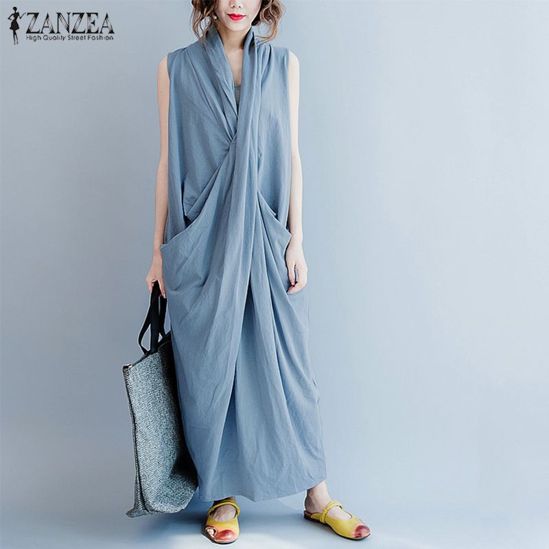 zanzea women ruffles hem sleeveless solid side pocket v neck maxi dress  Prices and Specs in Singapore, 01/2024