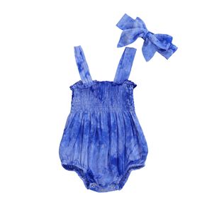 0-24M Newborn Infant Baby Girl Tie Dye Pattern Romper Sling Ruffle Chest Pleated Jumpsuit Elastic Bodysuit Headband Outfit