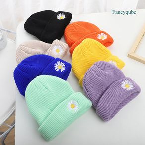 Fancyqube Winter Fashion Style Hat Versatile Solid Color Daisy Knitted Hat Outdoor Warm Wool Hat Men's Women's Beanie Hat Unisex Hip Hop Beanie Hat