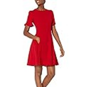 DKNY Women's Flounce Sleeve Fit and Flare with Belt, Scarlet, 2