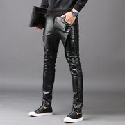 Winter personality fashion slim motorcycle faux leather pants mens feet pants pu trousers for men pantalon homme black autumn