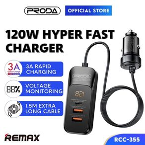 REMAX Hyper Fast Charging Super Charger Car 120W With Long USB C Cable Socket Adpater PD Pengecas Telefon Kereta RCC355
