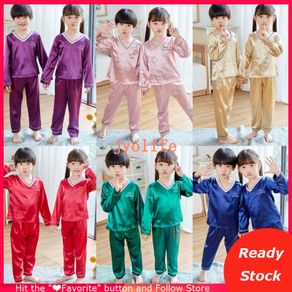 Kids Sleepsuit Children Sleepwear Pyjamas Set Short Sleeve Silk Stain Boys Girls Pajamas Suit Baju Tidur